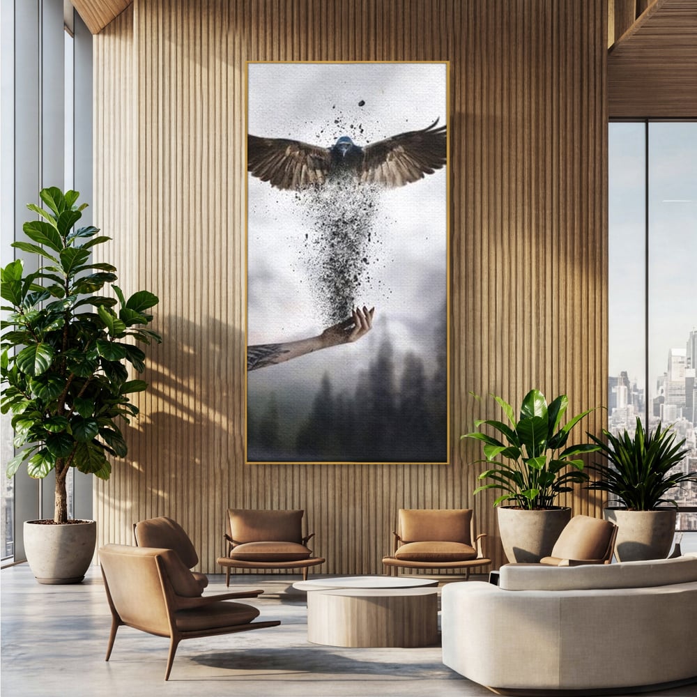Tablou canvas cu tablou canvas cu pasare si mana din cenusa, in rama de aluminiu auriu, pe perete intr-un birou